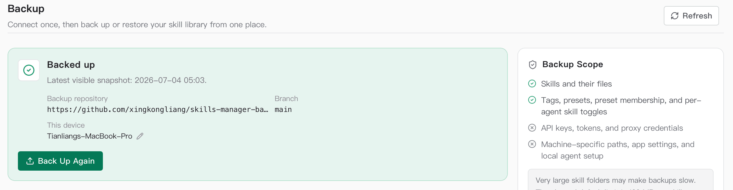 The Backup page showing versions, connected devices and sync status