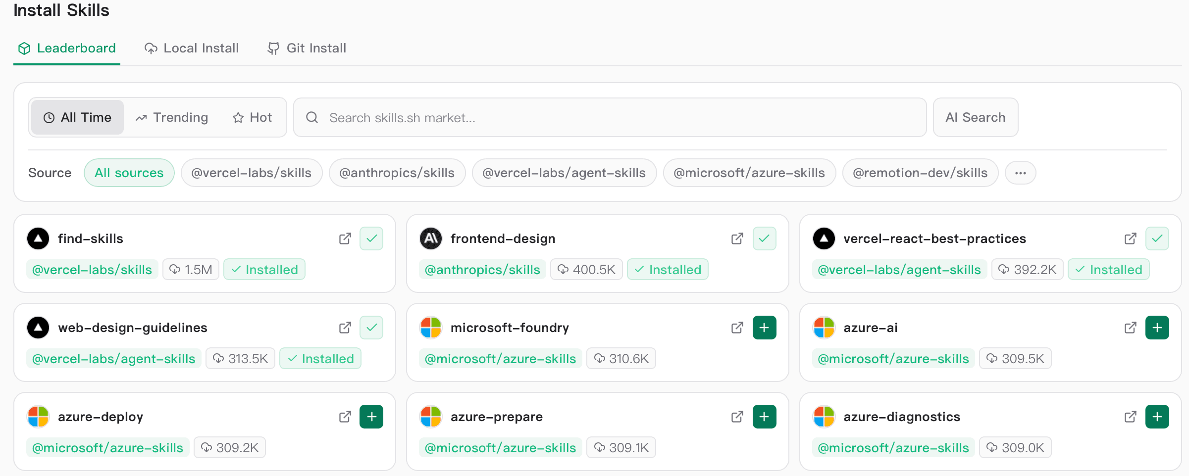 The Install Skills page, browsing the skills.sh marketplace with source filters