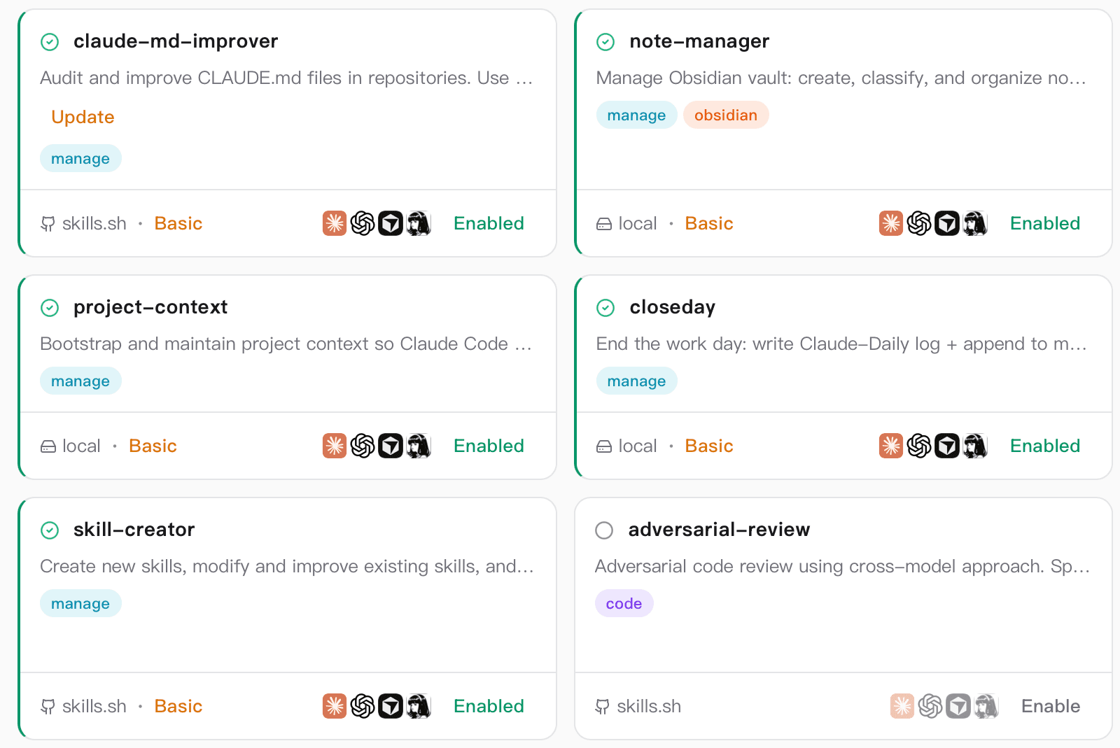 Skill cards in the library, each showing tags, source, preset and per-agent badges