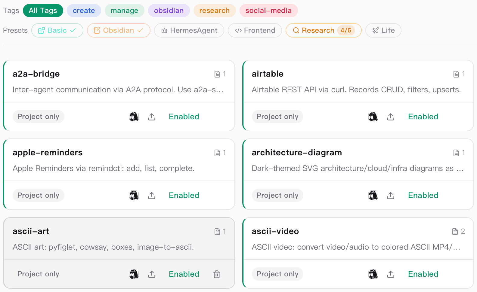A project workspace listing the skills that live inside one repository
